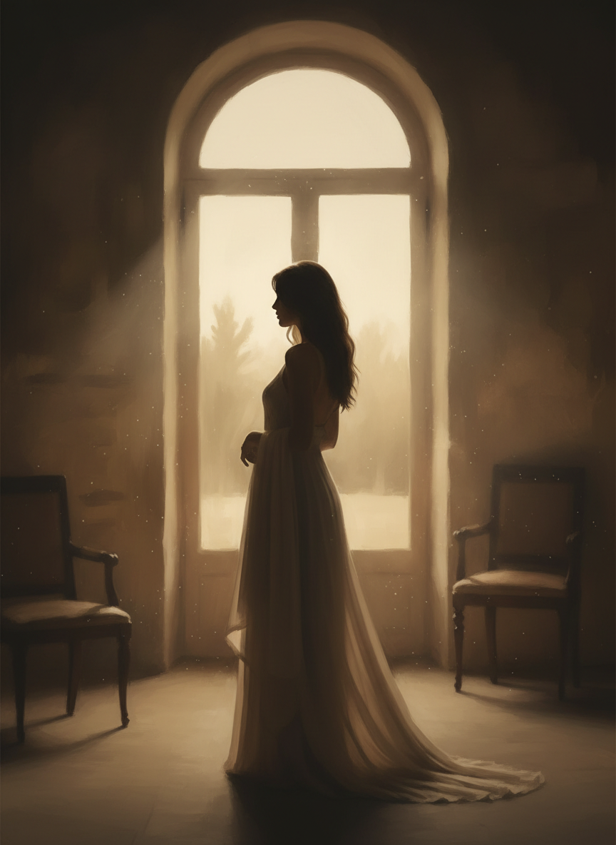 Soft, blurred silhouette of a woman, in warm muted neutral tones and moody lighting that matches the hero image at the top of the site. The style should feel introspective, gentle, and atmospheric, with similar color palette and mood as the existing hero cover image.