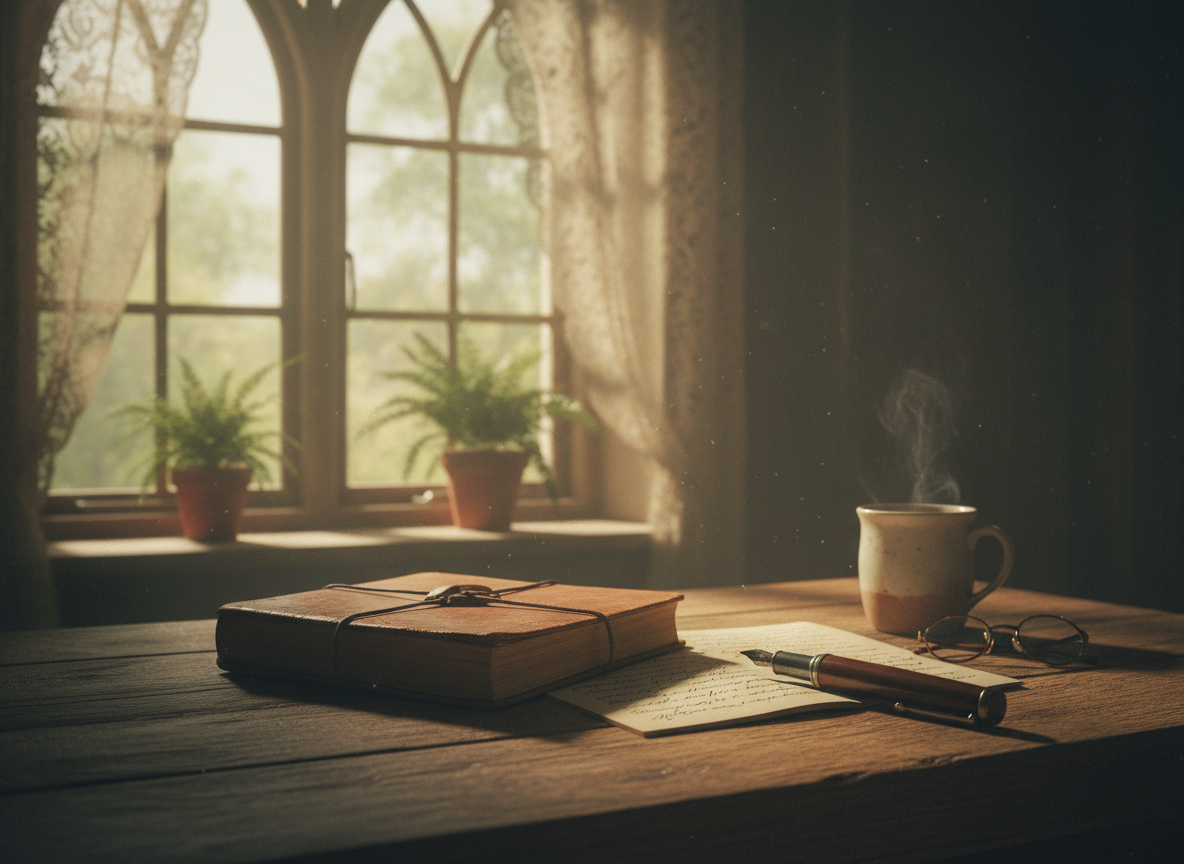 A softly lit, moody scene of dim light filtering through a window onto a journal and pen, with gentle shadows and a muted, warm color palette to match existing site imagery.